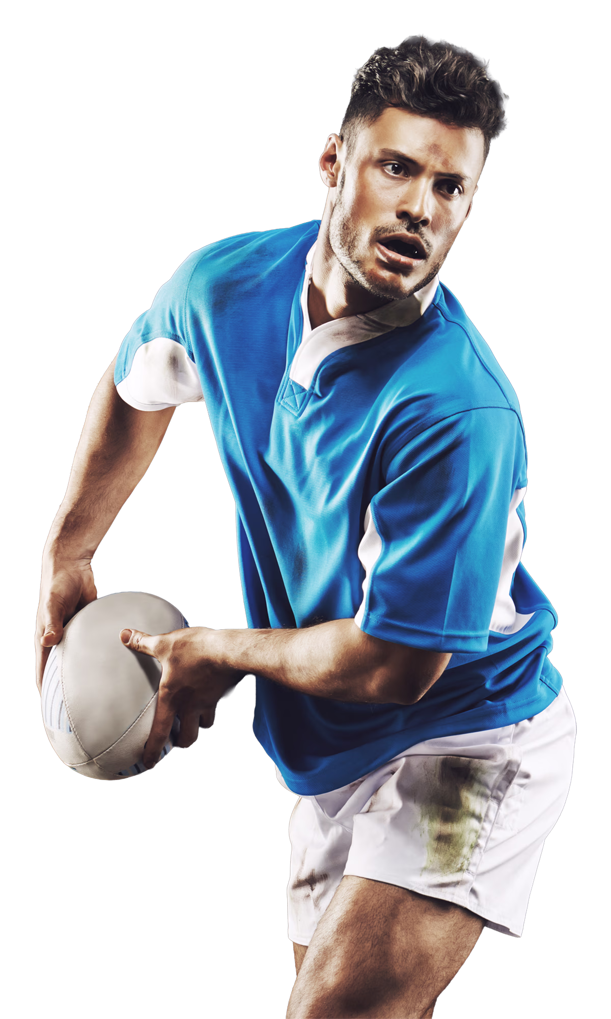 Rugby player in team kit holding a rugby ball